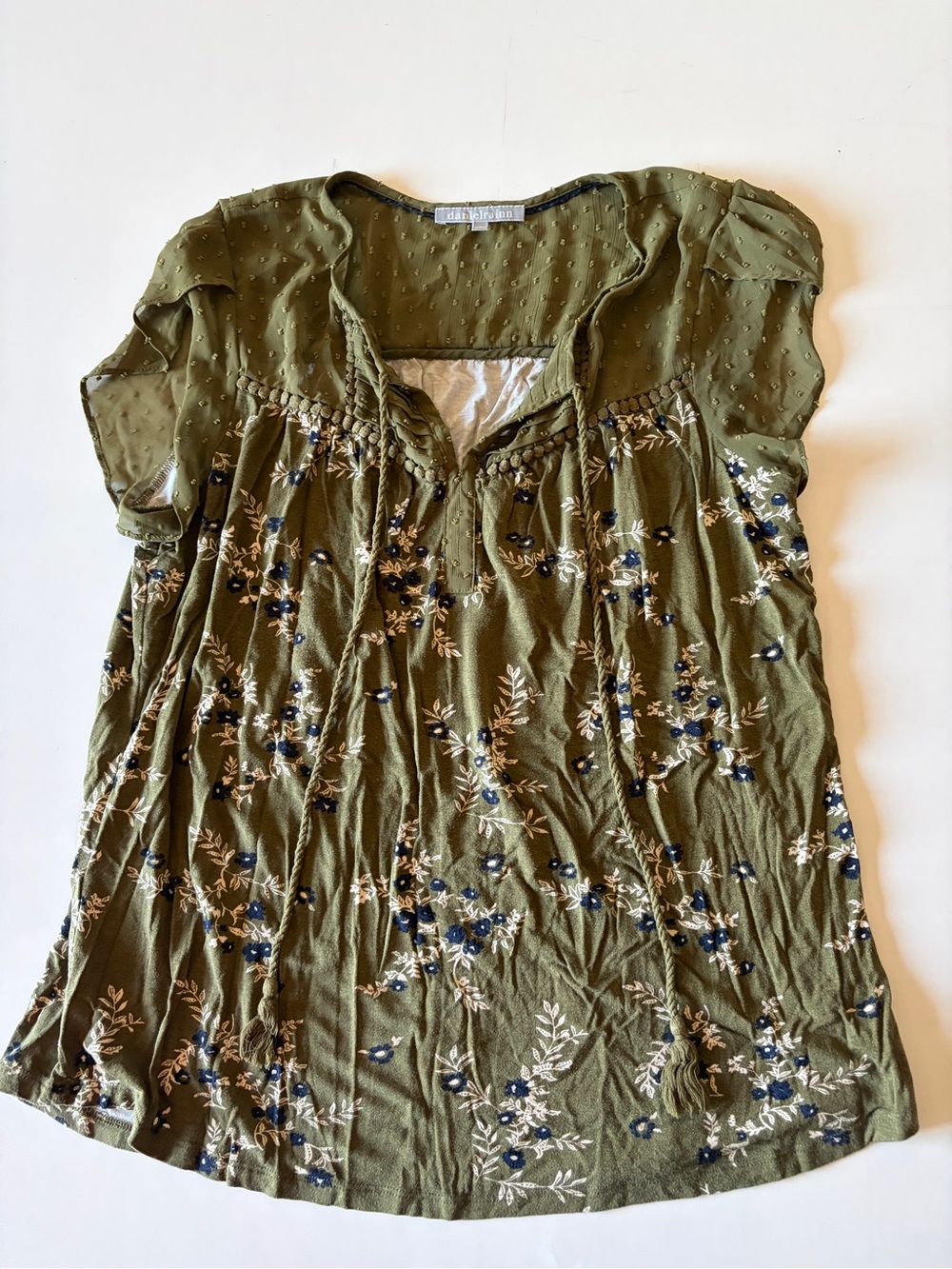 DANIEL RAINN Women’s Floral Print Top Blouse Green Size Large peasant chic